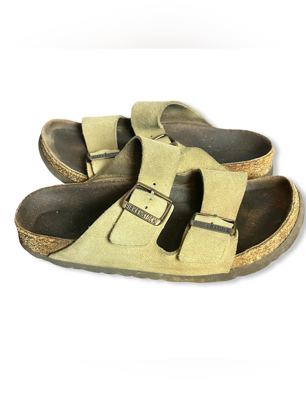 Birkenstock Unisex Arizona Suede Two Strap Slide Sandals Olive Tan Sz. 38N